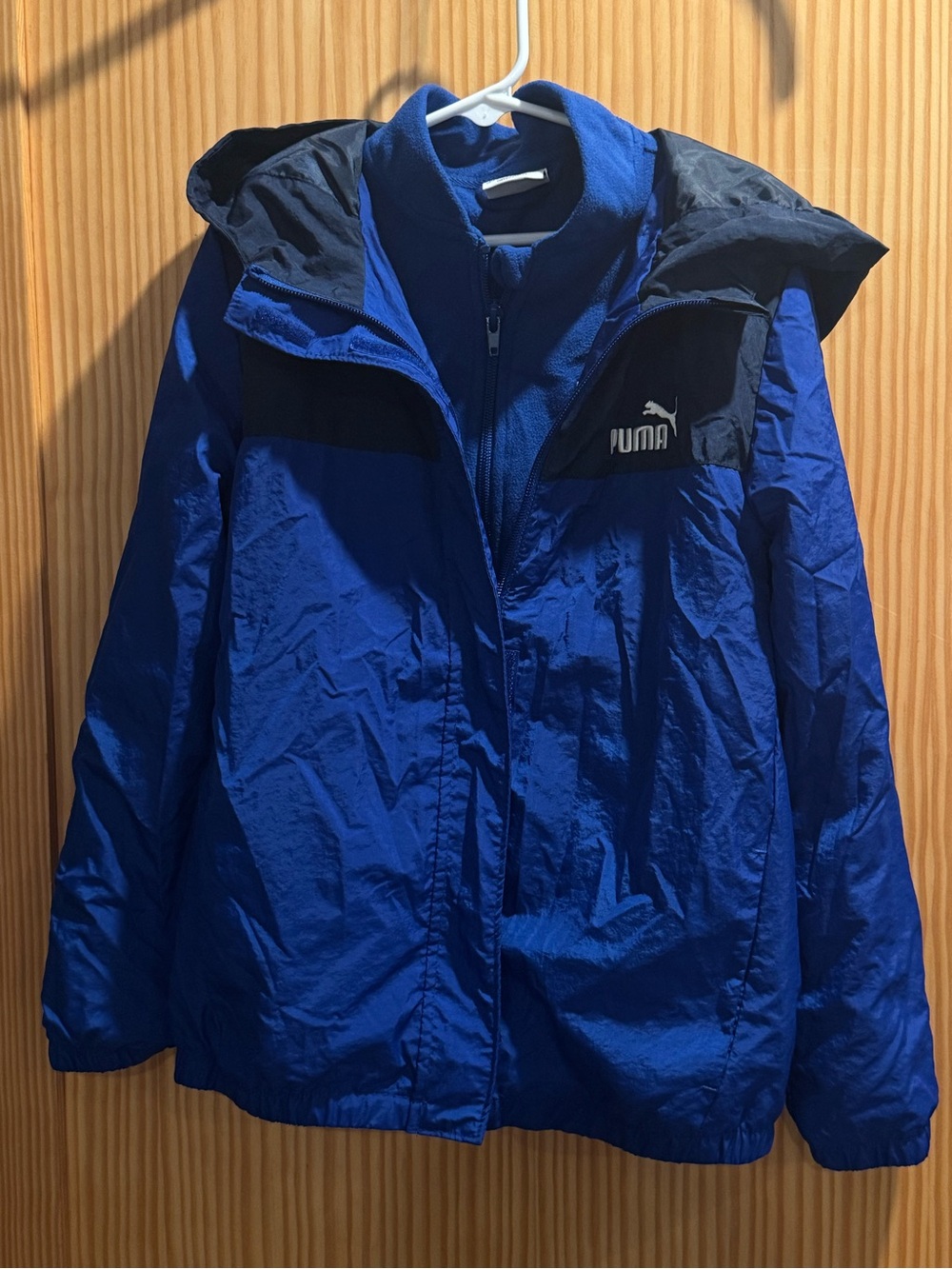 Puma Kids Blue Hooded Rain Jacket with Black Accents